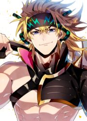  1boy asymmetrical_clothes axe blonde_hair blue_eyes chest_harness closed_mouth fate/grand_order fate_(series) fingerless_gloves gloves harness headband igote looking_at_viewer male_focus moru over_shoulder pectorals sakata_kintoki_(fate) sakata_kintoki_(heian_warrior_attire)_(fate) simple_background smile solo toned toned_male twitter_username upper_body weapon weapon_over_shoulder white_background 