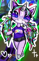  7-eleven anthro beverage blue_eyes blue_hair bottomwear clothing drinking equid equine female green_hair hair hi_res horn mammal multicolored_hair mythological_creature mythological_equine mythology photo_background photography_(artwork) pink_hair poopsie_slime_surprise shorts smoothie sparkles sparkling_eyes unicorn whoopsie_doodle x-evilvalentine-x 