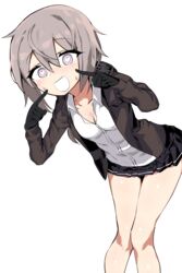  absurdres bad_id bad_pixiv_id bare_legs blush breasts bright_pupils crazy_eyes female fingers_to_cheeks girls&#039;_frontline grey_hair heart heart-shaped_pupils highres hood hooded_jacket jacket kinbakuman leaning_forward m200_(girls&#039;_frontline) medium_breasts open_mouth partially_unbuttoned pleated_skirt pointing pointing_at_self poking_self purple_eyes short_hair skirt smile sweatdrop symbol-shaped_pupils white_mouth white_pupils 