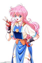  1990s_(style) 1994 blue_eyes bracelet copyright_name copyright_notice cowboy_shot dated female highres jewelry long_hair megami_paradise non-web_source official_art open_mouth pendant pink_hair retro_artstyle rurubell short_sleeves simple_background solo thighhighs translation_request v white_background white_thighhighs yoshizane_akihiro 