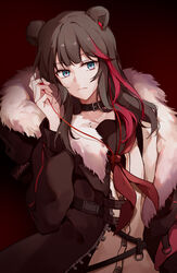  absurdres animal_ears arknights bear_ears black_choker blue_eyes brown_coat brown_hair chinese_commentary choker closed_mouth coat earbuds earphones expressionless female fur-trimmed_coat fur_trim gemi_25 gradient_background highres long_hair long_sleeves looking_at_viewer multicolored_hair neckerchief open_clothes open_coat red_background red_hair red_neckerchief sailor_collar shirt sidelocks simple_background solo strap streaked_hair two-tone_hair unzipped upper_body white_shirt zima_(arknights) 