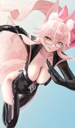  animal_ear_fluff animal_ears black_bodysuit blush bodysuit bow breasts center_opening choker cleavage fate/grand_order fate_(series) female fox_ears fox_girl fox_tail glasses hair_between_eyes hairbow highres hip_vent koyanskaya_(assassin)_(first_ascension)_(fate) koyanskaya_(fate) large_breasts long_hair looking_at_viewer pink_bow pink_hair ponytail sidelocks smile solo tail tamamo_(fate) thighs yamaneko_(tkdrumsco) yellow_eyes zipper 