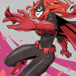  animification batman_(series) batwoman belt black_bodysuit blue_belt bodysuit boots breasts covered_navel dc_comics female floating_hair gloves kate_kane long_hair mask medium_breasts open_hands red_footwear red_gloves red_hair skin_tight solo sunafuki_tabito superhero_costume 