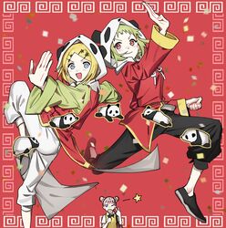  3girls animal_hood black_pants blonde_hair blue_eyes candy chinese_border chinese_clothes clenched_hand commentary confetti double_bun eating fighting_stance food green_hair green_shirt gumi hair_bun hair_ornament hairclip highres holding holding_candy holding_food holding_lollipop hood kagamine_rin leg_up light_blush lollipop looking_at_viewer meandros meandros_border mika-chan multiple_girls open_mouth outstretched_hand panda panda_hood pants pink_hair red_background red_eyes red_shirt red_vest shirt short_hair smile soyaka standing standing_on_one_leg star_(symbol) swept_bangs v v-shaped_eyebrows vest vocaloid white_pants yi_er_fan_club_(vocaloid) 