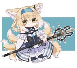  absurdres animal_ear_fluff animal_ears arknights bad_id bad_pixiv_id bare_shoulders black_footwear black_gloves blue_background blue_hairband braid braided_hair_rings chibi closed_mouth commentary_request female fox_ears fox_girl fox_tail full_body gloves hair_between_eyes hair_rings hairband highres holding infection_monitor_(arknights) kitsune kyuubi light_brown_hair looking_at_viewer material_growth multicolored_hair multiple_tails oripathy_lesion_(arknights) outline pantyhose pleated_skirt purple_skirt shirt shoes short_eyebrows single_glove skirt smile solo someyaya streaked_hair suzuran_(arknights) tail thick_eyebrows twin_braids two-tone_background white_background white_hair white_outline white_pantyhose white_shirt 