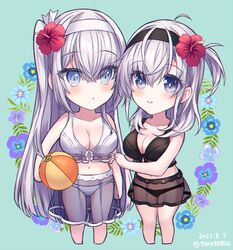  2girls ball beachball bikini black_bikini black_headband blue_eyes blush breasts chibi cleavage cropped_legs dated flower fuyutsuki_(kancolle) grey_eyes grey_hair hair_flower hair_ornament headband hibiscus holding holding_ball kabocha_torute kantai_collection large_breasts long_hair multiple_girls one_side_up parted_lips red_flower see-through see-through_skirt simple_background skirt suzutsuki_(kancolle) suzutsuki_(swimsuit_mode)_(kancolle) swimsuit twitter_username white_bikini white_headband 