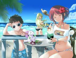  1boy 2girls alternate_costume bad_id bad_twitter_id beach bikini blonde_hair blush blush_stickers bob_cut chest_jewel covering_breasts covering_privates crop_top day highres long_hair midriff multiple_girls mythra_(xenoblade) navel outdoors pyra_(xenoblade) red_hair rex_(xenoblade) shiroxai swept_bangs swimsuit topless topless_male water xenoblade_chronicles_(series) xenoblade_chronicles_2 yellow_eyes 