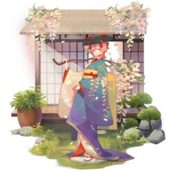  architecture ask_(askzy) closed_mouth east_asian_architecture faux_figurine female full_body girls&#039;_frontline green_eyes hair_between_eyes hair_ornament hair_ribbon hat holding japanese_clothes kimono long_hair looking_at_viewer official_alternate_costume official_art pink_hair r93_(girls&#039;_frontline) r93_(wisteria_minstrel)_(girls&#039;_frontline) ribbon sand sandals smile solo standing transparent_background wide_sleeves zouri 