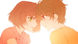  1boy aged_down brown_eyes brown_hair crying crying_with_eyes_open female green_eyes highres koeda_(k83_4) looking_at_another luke_pearce_(tears_of_themis) open_mouth pink_shirt rosa_(tears_of_themis) shirt short_hair short_sleeves simple_background tears tears_of_themis white_background yellow_shirt 