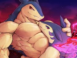  abs absurd_res anthro biceps duo fire hairy hi_res hisuian_typhlosion looking_at_viewer male muscular muscular_anthro muscular_male nintendo pecs pok&eacute;mon_(species) pokemon red_eyes regional_form_(pok&eacute;mon) relaxing teeth typhlosion video_games waddledox 