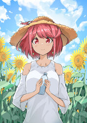  absurdres alternate_costume aotsuba bob_cut bottle earrings female field flower flower_field hat highres jewelry outdoors pyra_(xenoblade) red_eyes red_hair short_hair solo sunflower sunflower_field swept_bangs water_bottle xenoblade_chronicles_(series) xenoblade_chronicles_2 