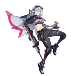  ;d bag belt black_belt black_gloves boots breasts cleavage collar crop_top facial_mark female fingerless_gloves full_body girls&#039;_frontline gloves grey_hair gun h&amp;k_sl8 hair_between_eyes hair_ornament holding holding_gun holding_weapon imoko_(imonatsuki) jacket lightning_bolt_symbol looking_at_viewer medium_hair navel official_art one_eye_closed open_mouth pants purple_eyes rifle rubik&#039;s_cube scope sharp_teeth single_glove sl8_(girls&#039;_frontline) smile sniper_rifle solo stomach teeth tongue tongue_out transparent_background weapon 