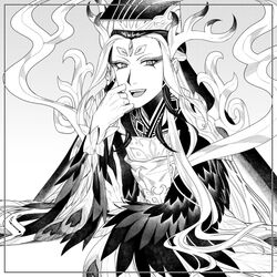  1boy antlers chinese_clothes commentary_request fate/grand_order fate_(series) feathers greyscale guan_hat horns long_hair looking_at_viewer male_focus mian_guan monochrome multicolored_hair shi_huang_di_(fate) shi_huang_di_(third_ascension)_(fate) sindri solo two-tone_hair wide_sleeves 