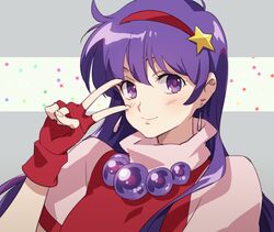  asamiya_athena blush commentary_request earrings female fingerless_gloves gloves hair_ornament hairband jewelry long_hair looking_at_viewer portrait purple_eyes purple_hair red_hairband simple_background smile solo star_(symbol) star_hair_ornament star_print taki_(nakochan) the_king_of_fighters the_king_of_fighters_&#039;95 v 