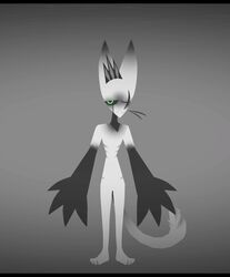  anthro big_hands black_bars black_eyes clawed_fingers crown curvy_figure dark_markings drift_(kinosnight) fur grey_background headgear hourglass_figure kinosnight letterbox male markings ribs simple_background solo unknown_species whiskers white_body white_fur 