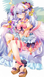  absurdres azusa_(blue_archive) azusa_(swimsuit)_(blue_archive) bad_id bad_pixiv_id ball bikini blue_archive feathered_wings female flower food-themed_hair_ornament frilled_bikini frills hair_flower hair_ornament halo highres long_hair looking_at_viewer purple_eyes purple_flower purple_hair sitting smile swimsuit takumi_mizuki very_long_hair wings 