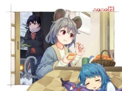  2020 3girls ahoge animal animal_ears animal_on_head basket black_hair blue_hair blue_pants calendar_(object) chinese_zodiac closed_eyes commentary_request cup eating food fruit grey_hair hands_in_opposite_sleeves holding holding_food houjuu_nue indoors kotatsu long_sleeves mandarin_orange medium_hair mouse_ears mouse_tail multiple_girls mumyuu nazrin on_head pants red_eyes red_shirt shirt sleeping snake snow table tail tatara_kogasa touhou umbrella winter year_of_the_rat yunomi 