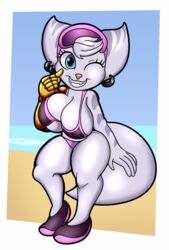  absurd_res anthro beach big_breasts bikini breast_squish breasts clothing cybernetic_arm cybernetic_limb ear_piercing ear_ring eyewear eyewear_on_head female hi_res lombax looking_at_viewer mammal one_eye_closed piercing ratchet_and_clank ring_piercing rivet_(ratchet_and_clank) seaside solo someth1ngoranother sony_corporation sony_interactive_entertainment squish sunglasses sunglasses_on_head swimwear under_boob wink 