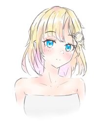  blonde_hair blue_eyes bob_cut collarbone commentary dress english_commentary female hair_ornament head_tilt highres hololive hololive_english light_blush looking_at_viewer shironekokfp solo strapless strapless_dress upper_body virtual_youtuber watson_amelia white_background white_dress 