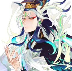  1boy androgynous antlers black_hair chinese_clothes commentary_request eyeshadow fate/grand_order fate_(series) fingernails forehead_jewel guan_hat horns long_fingernails long_hair makeup male_focus mian_guan multicolored_hair red_eyes red_eyeshadow shi_huang_di_(fate) shi_huang_di_(third_ascension)_(fate) sidelocks sindri solo two-tone_hair very_long_hair white_hair 