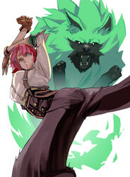  absurdres animal belt black_pants breasts brown_gloves dark-skinned_female dark_skin female giovanna_(guilty_gear) gloves green_eyes guilty_gear guilty_gear_strive high-waist_pants highres laio large_breasts multiple_belts pants red_hair rei_(guilty_gear) sleeves_pushed_up solo_focus suspenders 