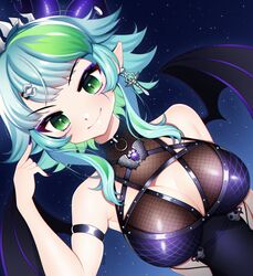  apricot_the_lich apricot_the_lich_(1st_costume) bad_id bad_twitter_id blue_hair breasts cleavage cleavage_cutout clothing_cutout colored_inner_hair demon_girl demon_wings female fishnets green_eyes green_hair highres horns jewelry loggi medium_breasts multicolored_hair multiple_horns pointy_ears short_hair skull smile solo starry_background tiara virtual_youtuber vshojo wings 