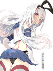  absurdres ass back black_hairband black_panties blue_skirt breasts brown_eyes cosplay crop_top elbow_gloves fate/grand_order fate_(series) female forked_eyebrows gloves hairband highleg highleg_panties highres kantai_collection kawa_mura long_hair looking_at_viewer looking_back melusine_(fate) miniskirt panties sailor_collar school_uniform serafuku shimakaze_(kancolle) shimakaze_(kancolle)_(cosplay) sidelocks skirt small_breasts solo striped_clothes striped_thighhighs thighhighs thighs underwear white_gloves white_hair 