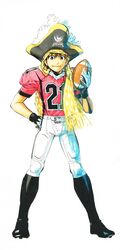  1boy :| absurdres american_football_(object) american_football_uniform ball belt black_headwear boots brown_eyes brown_hair closed_mouth eyeshield_21 full_body gloves hand_on_own_hip hand_up hat headband highres holding holding_ball kobayakawa_sena legs_apart looking_at_viewer male_focus murata_yuusuke official_art pants pink_shirt pirate_hat scarf shirt simple_background skull_and_crossbones smile solo sportswear standing traditional_media white_background white_gloves white_pants 