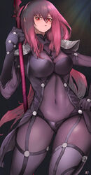  bodysuit breasts covered_navel fate/grand_order fate_(series) female gae_bolg highres holding holding_weapon large_breasts long_hair looking_at_viewer mole_(pixiv31755575) polearm purple_bodysuit purple_hair red_eyes scathach_(fate)_(all) scathach_(fate/grand_order) shoulder_armor solo spear weapon 