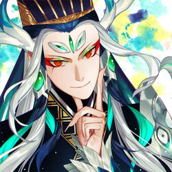  1boy black_hair blue_hair chinese_clothes commentary eyelashes eyeshadow fate/grand_order fate_(series) fingernails forehead_jewel green_eyeshadow guan_hat long_fingernails long_hair looking_at_viewer makeup male_focus mian_guan multicolored_hair red_eyes red_eyeshadow shi_huang_di_(fate) shi_huang_di_(third_ascension)_(fate) sindri smile solo two-tone_hair very_long_hair white_hair 