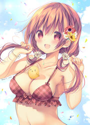  :d bikini bird blue_sky bow bow_bikini braid breasts chick cleavage cloud collarbone female flower frilled_bikini frills hair_flower hair_ornament hands_up highres hinako_note holding holding_own_hair long_hair march-bunny medium_breasts navel object_on_breast open_mouth orange_hair outdoors petals plaid plaid_bikini red_bikini red_eyes sakuragi_hinako shirt signature simple_background sky smile solo swimsuit twintails upper_body white_shirt 