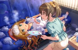  2girls @_@ artist_request bandages barefoot blush brown_hair curtains eyelashes fever green_eyes hand_fan hino_akane_(idolmaster) hori_yuko hot ice_pack idolmaster idolmaster_cinderella_girls idolmaster_cinderella_girls_starlight_stage indoors jewelry looking_at_another lying multiple_girls necklace official_art on_back open_mouth orange_hair paper_fan ponytail scrunchie short_sleeves sick skirt smile sprain sweat uchiwa worried 