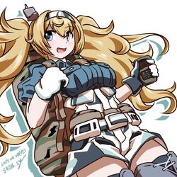  547th_sy bag blonde_hair blue_eyes blue_shirt breast_pocket breasts camouflage collared_shirt commentary_request cowboy_shot female gambier_bay_(kancolle) gloves gps hairband highres kantai_collection large_breasts long_hair multicolored_clothes multicolored_gloves pocket shirt shorts simple_background solo thighhighs twintails white_background 