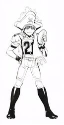  1boy :| absurdres american_football_(object) american_football_uniform ball belt boots closed_mouth eyeshield_21 full_body gloves greyscale hand_on_own_hip hand_up hat headband highres holding holding_ball kobayakawa_sena legs_apart looking_at_viewer male_focus monochrome murata_yuusuke official_art pants pirate_hat scarf shirt simple_background skull_and_crossbones smile solo sportswear standing traditional_media white_background 