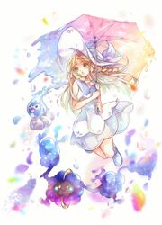  blonde_hair blue_footwear braid castform castform_(rainy) collared_dress commentary cosmog dress eyelashes female floating_hair green_eyes hat hat_ribbon highres holding holding_umbrella lillie_(pokemon) long_hair open_mouth pokemon pokemon_(creature) pokemon_sm ribbon shoes sleeveless sleeveless_dress socks sun_hat twin_braids umbrella water_drop white_dress white_headwear white_legwear yomogi_(black-elf) 