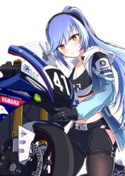  absurdres azur_lane black_sports_bra blue_hair brown_eyes clothes_around_waist degawa1121 eagle_union_(emblem) essex_(a_trip_down_route_66)_(azur_lane) essex_(azur_lane) eyewear_on_headwear female gradient_jacket helmet highres hip_vent jacket jacket_around_waist leaning_against_motorcycle long_hair looking_back motor_vehicle motorcycle multicolored_clothes multicolored_jacket official_alternate_costume smile sports_bra two-tone_gloves unworn_headwear unworn_helmet yamaha 