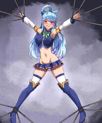  aqua_(konosuba) bakasp-lilzy blue_eyes blue_footwear blue_hair blue_shirt blue_thighhighs bondage bondage boots bound bound_ankles bound_wrists bow bowtie cuffs detached_sleeves female green_bow green_bowtie highres kono_subarashii_sekai_ni_shukufuku_wo! long_hair miniskirt navel restrained separated_legs shirt skindentation skirt solo spread_eagle_position thigh_boots thighhighs white_sleeves 