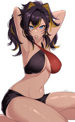  absurdres animal_ears armpits arms_behind_head arms_up bare_arms black_hair blonde_hair blue_eyes breasts criss-cross_halter crossed_bangs dark-skinned_female dark_skin dehya_(genshin_impact) female genshin_impact hair_between_eyes hair_tie_in_mouth halterneck highres large_breasts looking_at_viewer looking_back md5_mismatch mouth_hold multicolored_hair navel sakotach simple_background sitting solo stomach streaked_hair thighs white_background 