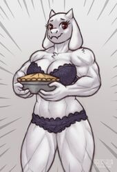  2022 anthro artist_name big_breasts boss_monster_(undertale) bovid bra breasts caprine chest_tuft cleavage clothed clothing dessert eyebrows eyelashes female floppy_ears food fur goat hi_res holding_food holding_object holding_pie horn lingerie looking_at_viewer mammal mature_anthro mature_female muscular muscular_anthro muscular_arms muscular_female muscular_thighs panties pastry pie piercing purple_bra purple_clothing purple_panties purple_underwear radial_speed_lines rawslaw5 red_eyes simple_background solo standing toriel tuft undertale undertale_(series) underwear underwear_only white_body white_fur 