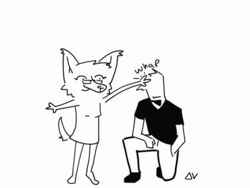  3_fingers 4:3 animated anon anthro bottomwear breasts canid canine canis cheek_tuft clothing deltav digitigrade dress duo ear_tuft eyelashes eyewear faceless_character faceless_male facial_tuft female fingers footwear frown glasses hair hand_in_pocket human kneeling lynn_(deltav) male male/female mammal monochrome pants pockets raised_arm shirt shoes short_hair short_playtime signature simple_background small_breasts smile sound_effects standing tail tail_motion tailwag topwear tuft white_background wolf 