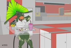  2021 alien anthro beverage bottomwear breasts burger chair clothing drinking_straw eating feather_hair feathers female food food_court fries furniture glass_table hi_res non-mammal_breasts pinwheel_(snekguy) pseudo_hair purple_eyes reptile scalie short-sleeve_shirt shorts sitting snekguy solo tentacles_around_arms tray valbaran watermark wrist_computer ximema 