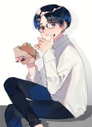  1boy bad_id bad_pixiv_id black_pants blue_eyes blue_hair burger collared_shirt commentary_request crossed_legs earrings eating food glasses hand_on_own_face highres holding holding_food jewelry looking_at_viewer male_focus mizumi_zumi nail_polish original pants partial_commentary ring shirt simple_background sitting white_shirt 