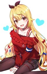  bare_shoulders between_legs black_pantyhose blonde_hair blush bow breasts choker commentary_request female hair_ribbon hairbow hand_between_legs heart heterochromia highres hinata_(sky) hoshikawa_sara hoshikawa_sara_(2nd_costume) long_hair long_sleeves looking_at_viewer medium_breasts nijisanji off-shoulder_shirt off_shoulder open_mouth pantyhose red_bow red_eyes red_shirt ribbon shirt sitting skirt smile solo thigh_strap v_arms very_long_hair virtual_youtuber wariza yellow_eyes 