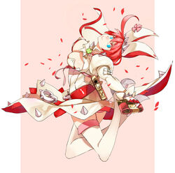  ahoge blue_eyes breasts cleavage clover dress elphelt_valentine female four-leaf_clover garter_straps guilty_gear guilty_gear_xrd gun highres laio large_breasts lips looking_at_viewer outside_border petals pink_background pink_hair shoes smile solo spikes thighhighs weapon wedding_dress zettai_ryouiki 