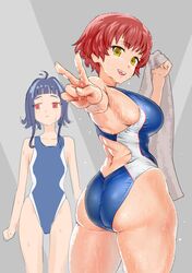  2girls ass bad_id bad_pixiv_id black_hair blue_one-piece_swimsuit breasts brown_hair commentary_request competition_swimsuit curvy dokiyuri from_behind highleg highleg_swimsuit highres kakumeiki_valvrave large_breasts looking_at_viewer looking_back looking_to_the_side multiple_girls nanami_rion nobi_marie one-piece_swimsuit red_eyes short_hair sideboob sidelocks swimsuit towel v wet yellow_eyes 