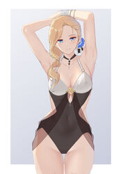  absurdres armpits arms_behind_head azur_lane blonde_hair blue_eyes blush breasts cleavage closed_mouth collarbone copper covered_navel feet_out_of_frame female flower hair_flower hair_ornament hair_over_shoulder highres hood_(azur_lane) hood_(lady_of_the_shining_sun)_(azur_lane) long_hair looking_at_viewer medium_breasts official_alternate_costume simple_background smile solo standing swimsuit 