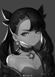  absurdres ale55 asymmetrical_bangs breasts chinese_commentary choker cleavage closed_mouth commentary_request dated dress earrings female greyscale highres jacket jewelry marnie_(pokemon) medium_hair monochrome off_shoulder open_clothes open_jacket pokemon pokemon_swsh solo upper_body 