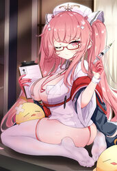  14c absurdres ahoge ass azur_lane bespectacled blush breasts breasts_apart brown_background chair clipboard commentary_request demon_wings dress feet female full_body glasses gloves gradient_background half_gloves hat highres holding holding_pencil knees_up lanyard legs long_hair mechanical_pencil medium_breasts no_shoes nurse nurse_cap office_chair official_alternate_costume on_chair open_mouth panties pencil perseus_(azur_lane) perseus_(unfamiliar_duties)_(azur_lane) pink_eyes pink_gloves pink_hair pink_panties puffy_sleeves red-framed_eyewear red_wings semi-rimless_eyewear soles solo swivel_chair thighhighs toes twintails under-rim_eyewear underwear very_long_hair wavy_mouth white_background white_dress white_hat white_thighhighs wings 