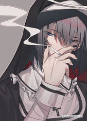  1boy alternate_costume arm_up bandaged_arm bandages black_headwear black_nails black_robe blue_eyes cigarette commentary cross cross_necklace empty_eyes fate/grand_order fate_(series) fuyuhi_tsukika grey_background grey_hair habit highres jewelry kamippoina_(vocaloid) looking_at_viewer male_focus nail_polish necklace nun oberon_(fate) oberon_(third_ascension)_(fate) robe short_hair simple_background smoking solo spoilers twitter_username vocaloid white_wrist_cuffs wrist_cuffs 