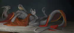  action_pose ambiguous_gender avian bed bird black_body breath clothed clothing demon digital_media_(artwork) digital_painting_(artwork) diorionarh dragon duo feet feral furniture grey_background grey_body long_neck lying mythological_creature mythological_scalie mythology on_back panting paws pose prehensile_feet raised_tail renaissance scalie scarf simple_background solo_focus tail toes unknown_species 